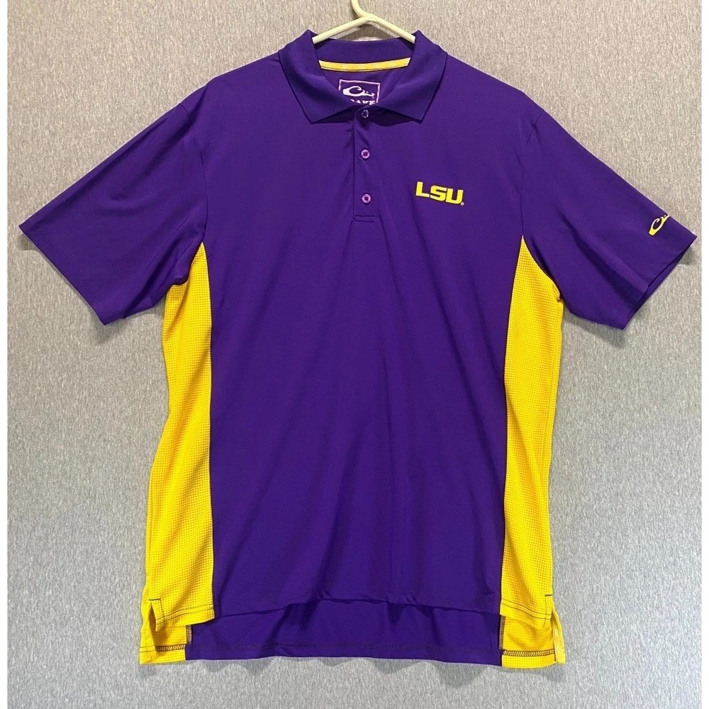 Drake Polo Shirt Men Large Purple Yellow Stretch Mesh Sides NCAA LSU Tigers Team